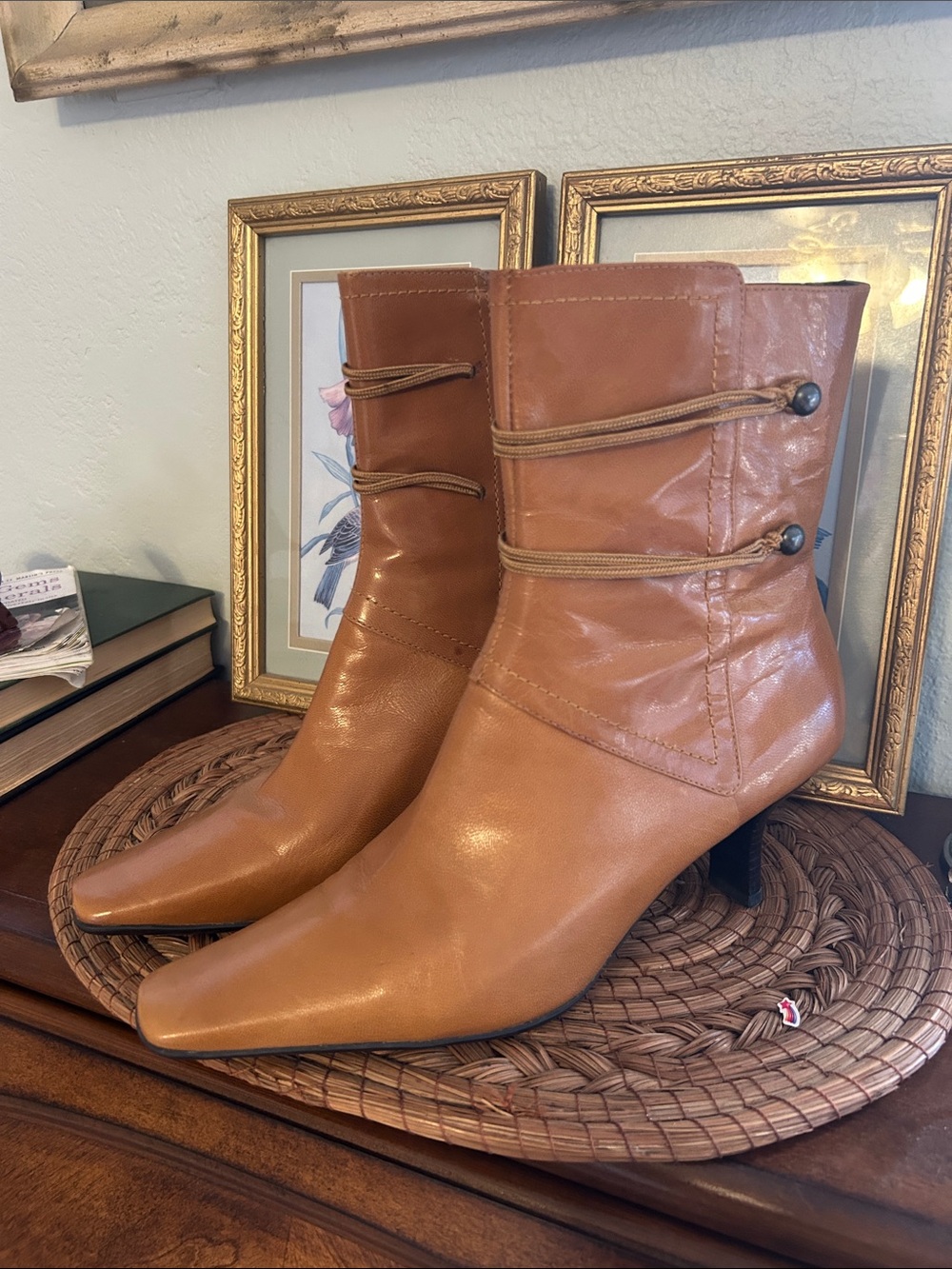Nine West Tan Pointed Leather Ankle Boots